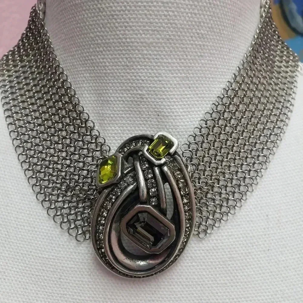 Silver Mesh Gray/Green Crystal Statement Necklace